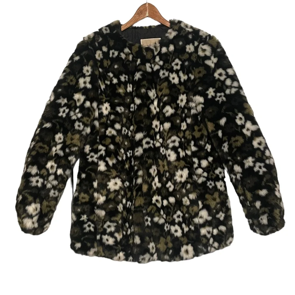 Michael Kors Floral Camo Faux‎ Fur Jacquard Collarless Jacket Coat Size XS
